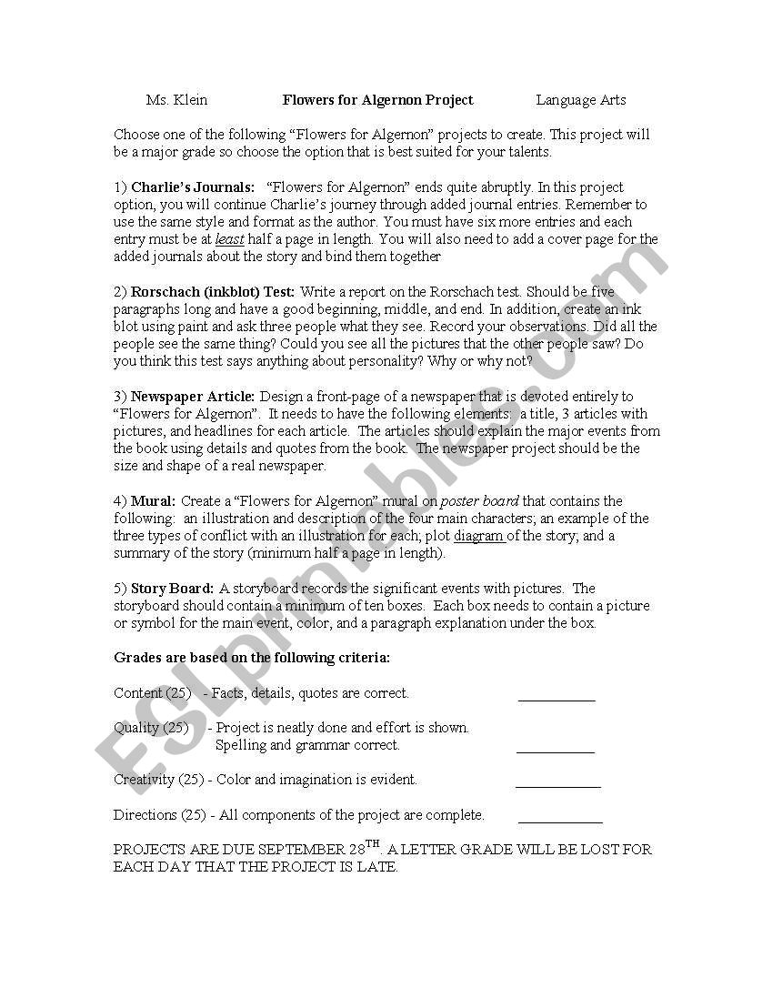 Flowers for Algernon Project worksheet