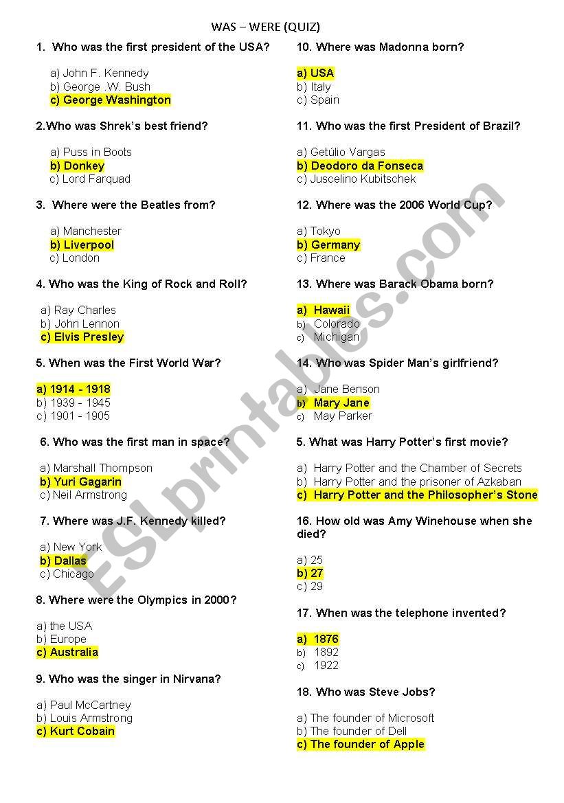 WAS -WERE QUIZ worksheet