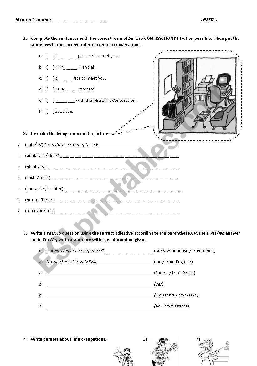 Elementary Review: BE, Prepositions of place, jobs, numbers, possessive, there to be