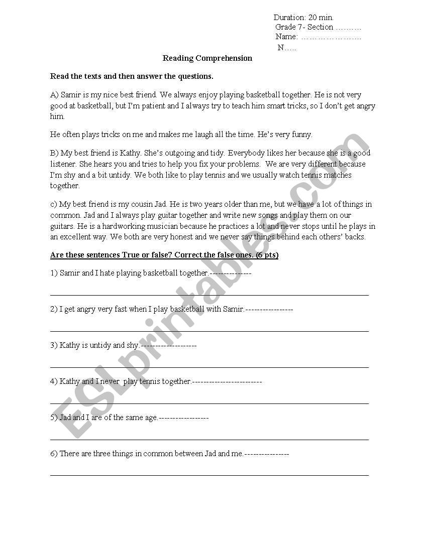Friends and interests worksheet