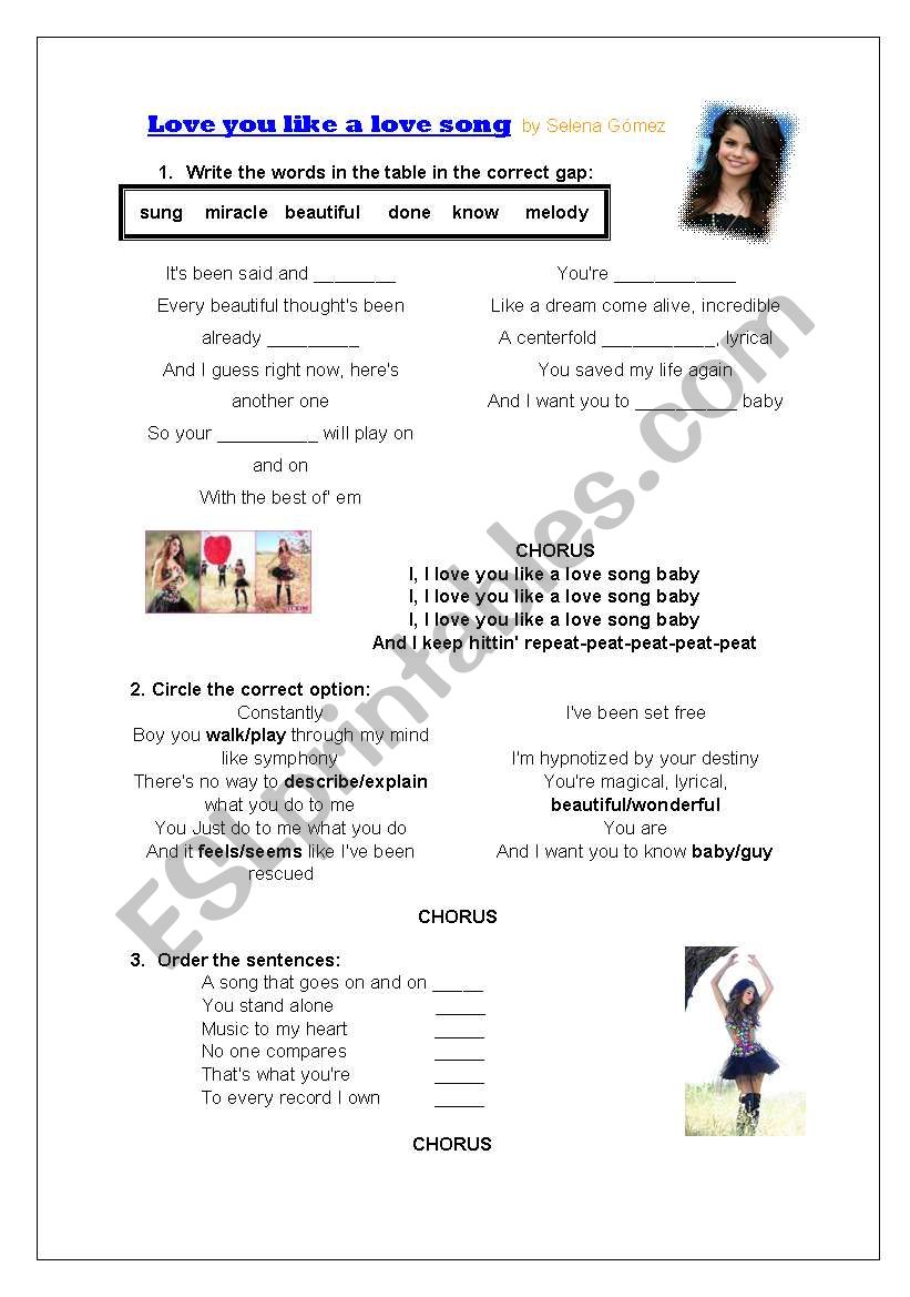 Love you like a love song by Selena Gómez - ESL worksheet by MACUOR