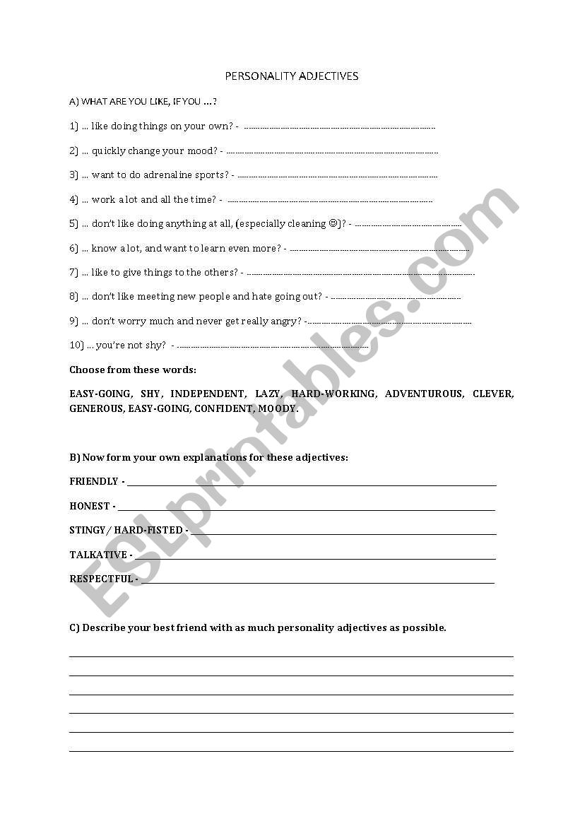 personality adjectives worksheet