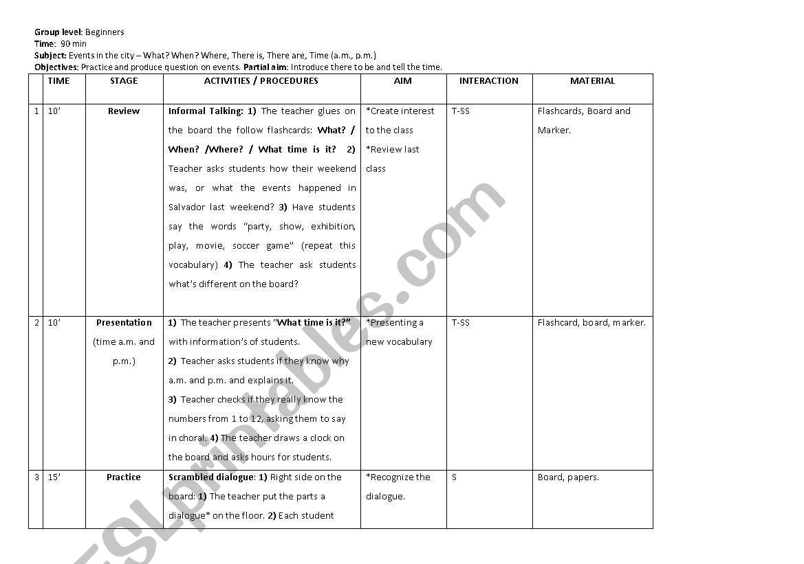 Events in the city class worksheet