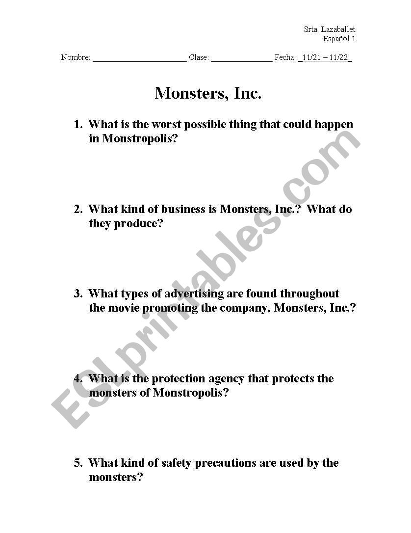 Monsters Inc Q & A Worksheet  worksheet