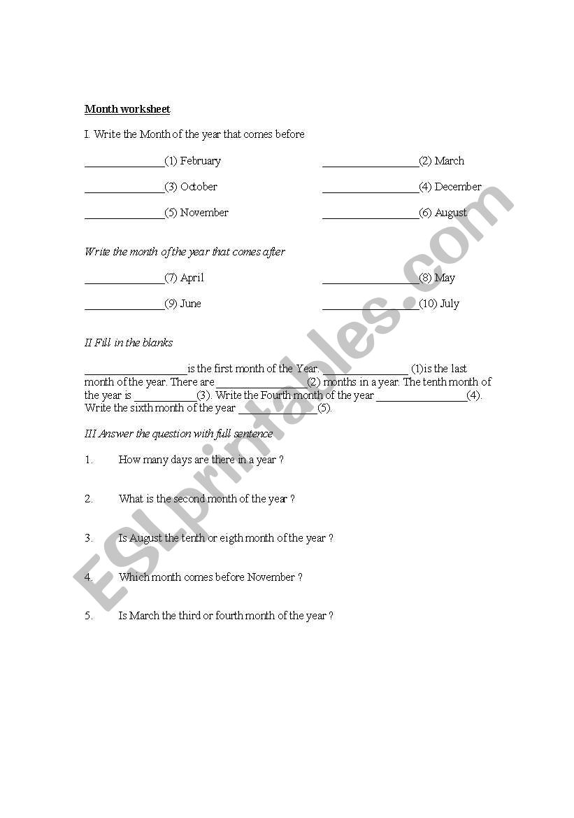 Month Worksheet worksheet