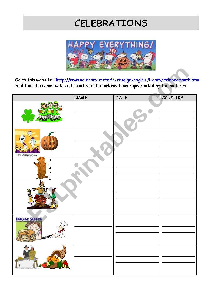celebrations worksheet