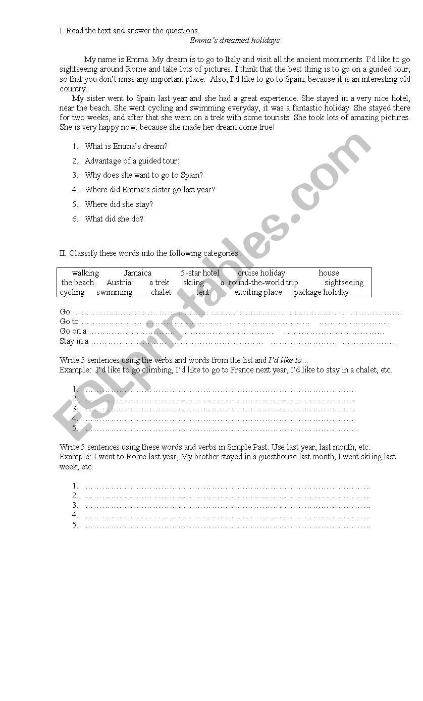 descibing holidays worksheet