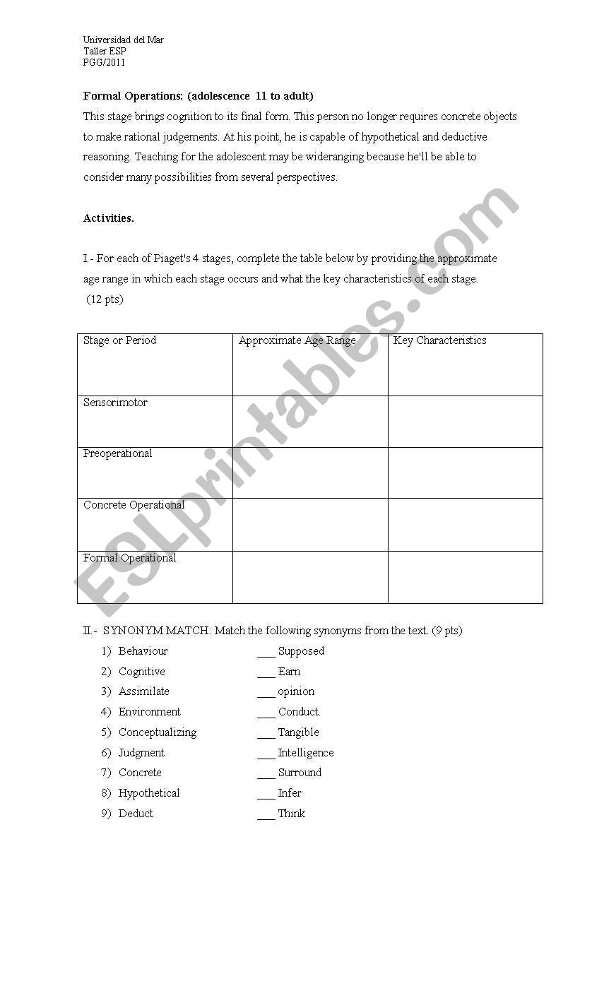 piaget stages of development worksheet answers
