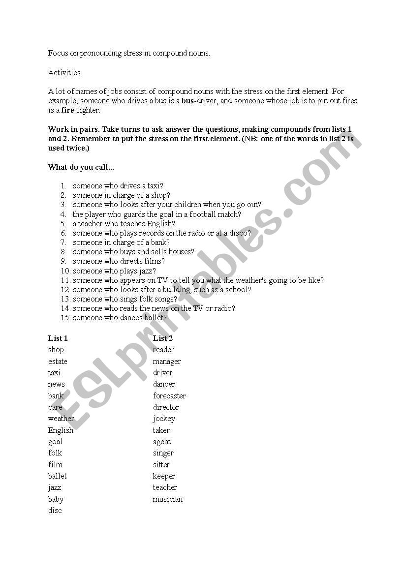 STRESSING IN COMPOUND NOUNS worksheet