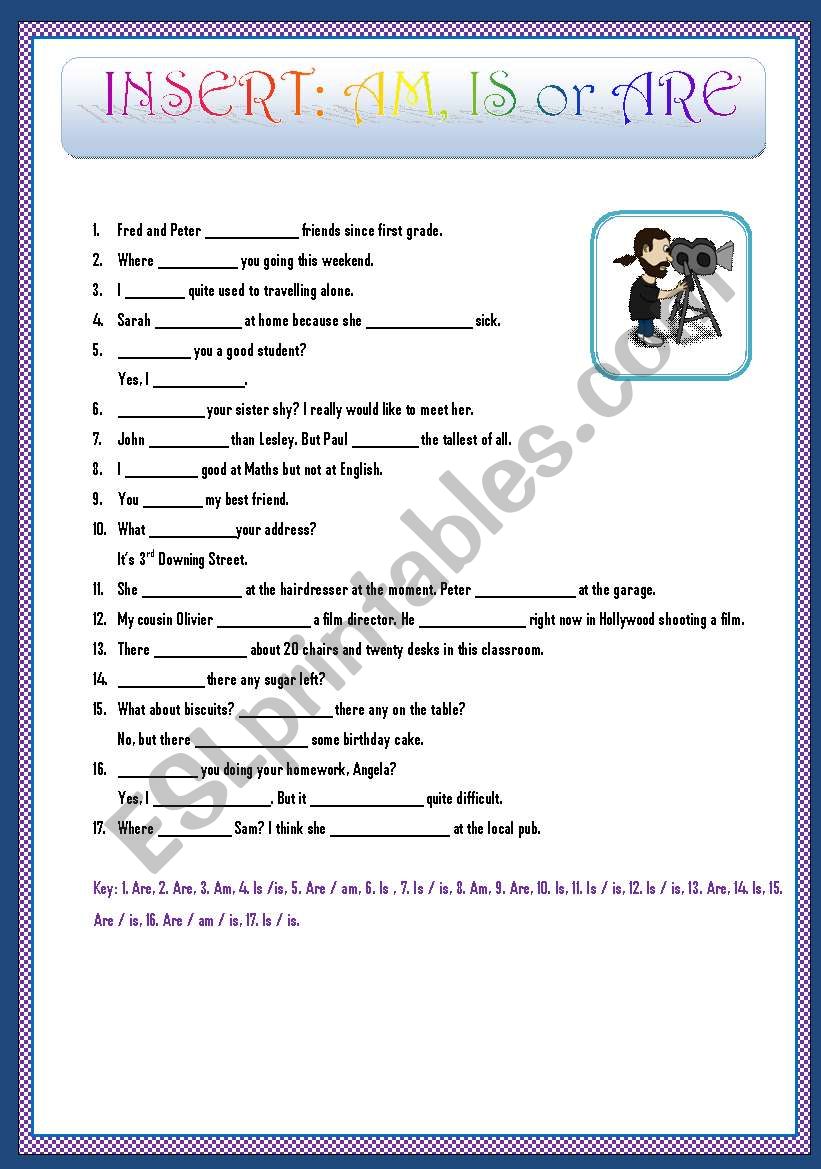 INSERT: AM + IS + ARE worksheet