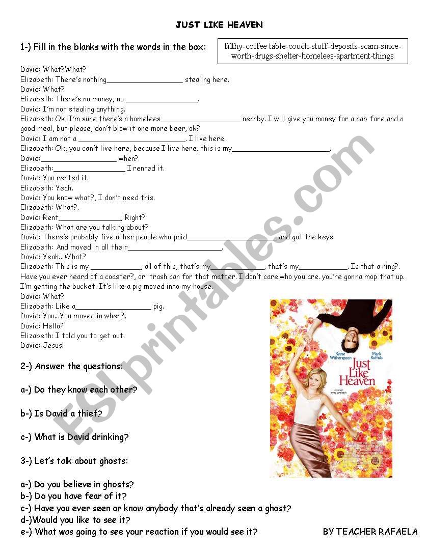 Just like heaven worksheet