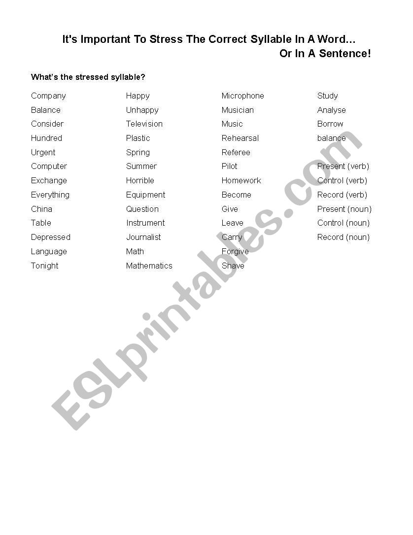 Stressed syllable worksheet