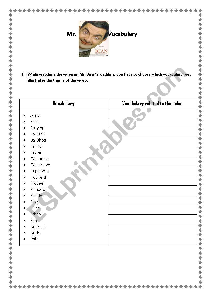 Mr. Beans Wedding worksheet