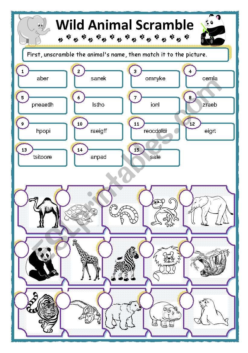 Wild Animal Word Scramble worksheet