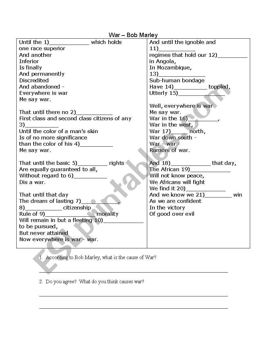 Bob Marley - War - Cloze Worksheet