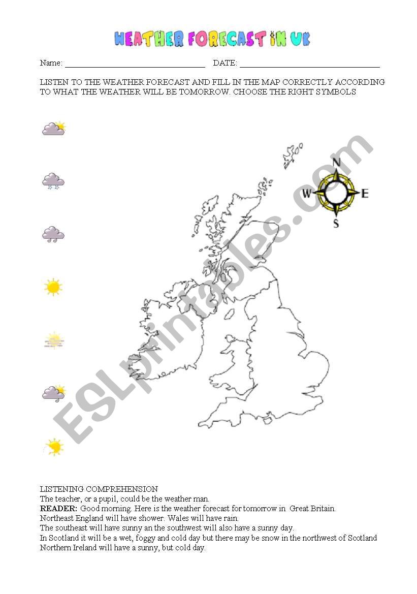 WEATHER FORECAST IN UK - ESL worksheet by cinni With Weather Map Symbols Worksheet