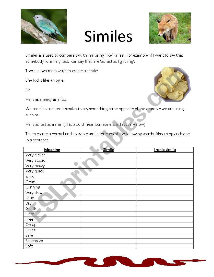 Similies worksheet