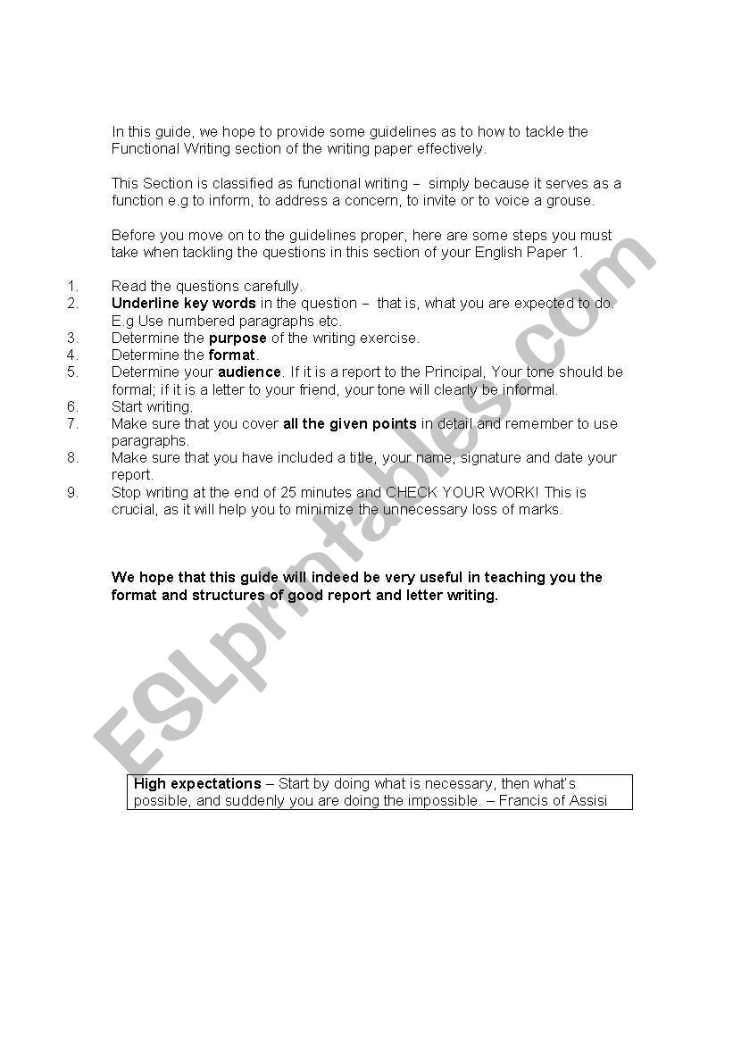 Functional Writing Formats worksheet