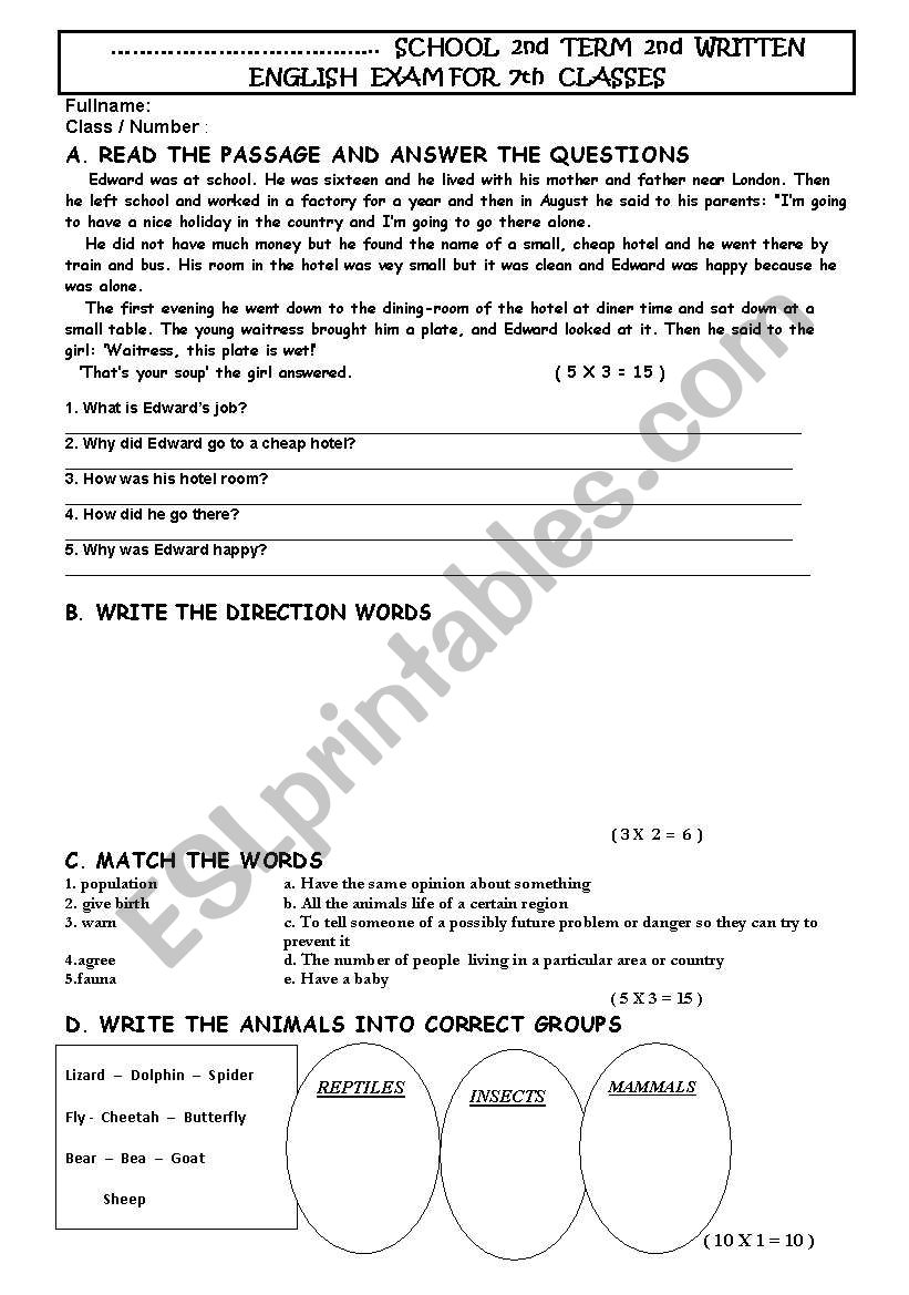 2nd  TERM  2nd  WRITTEN ENGLISH  EXAM FOR  7th  CLASSES