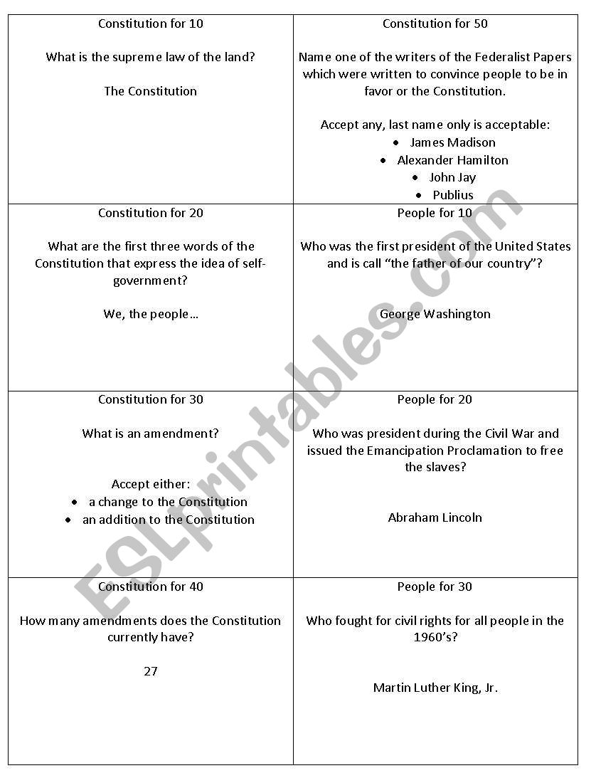 Citizenship Jeopardy worksheet