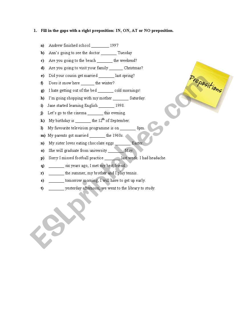 Prepositions worksheet