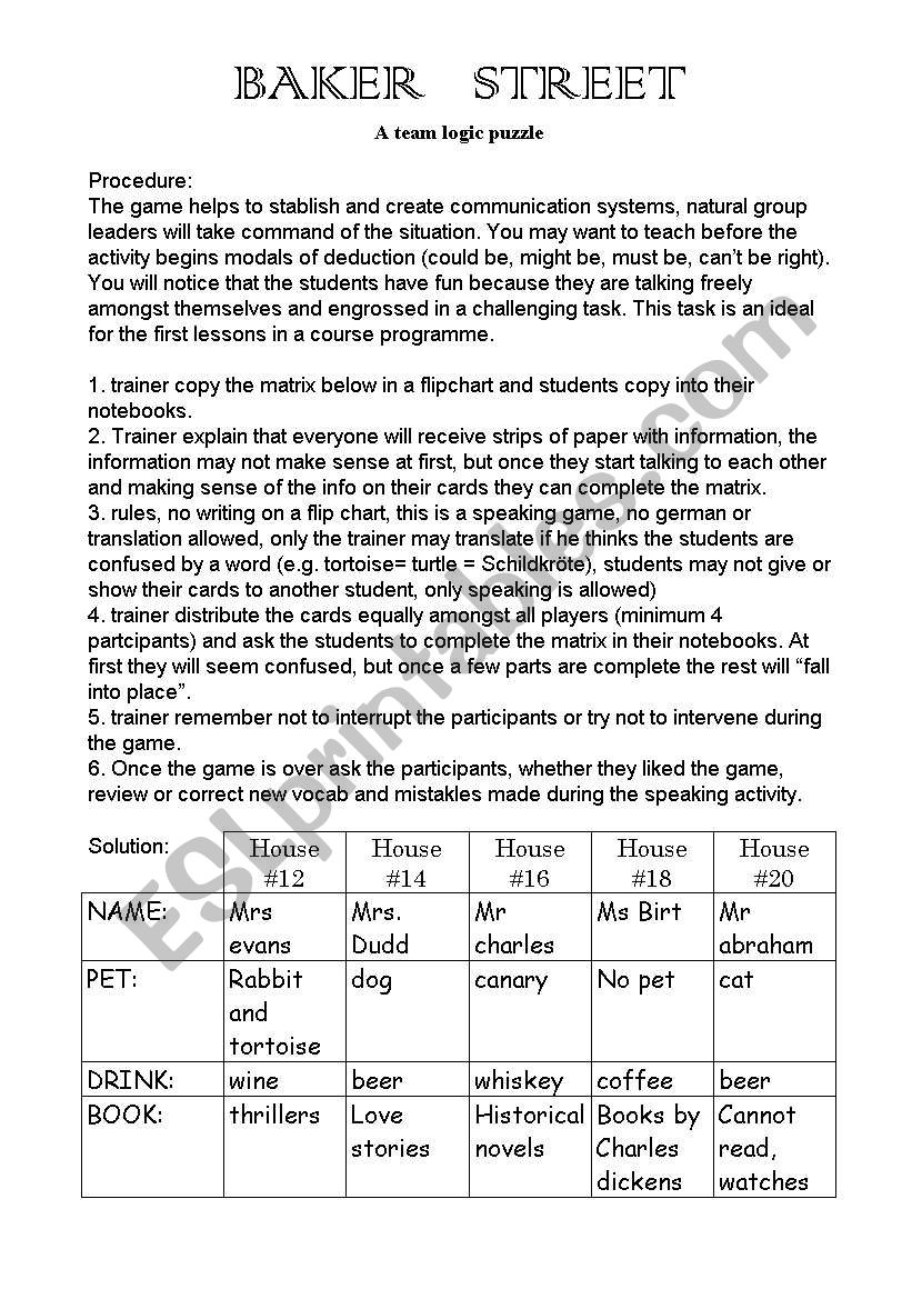 Baker Street worksheet
