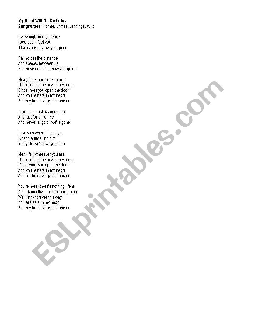 My Heart Will Go On Celine Dion Song Esl Worksheet By Hasperj