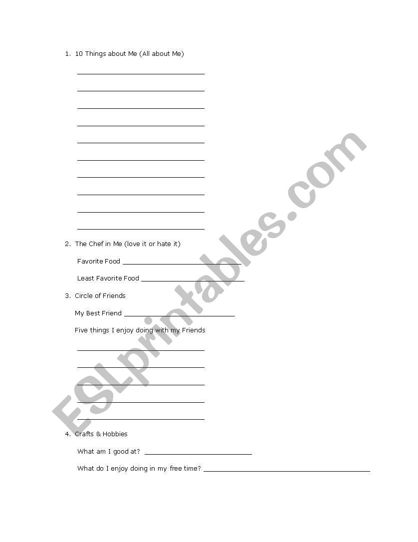 All About Me worksheet
