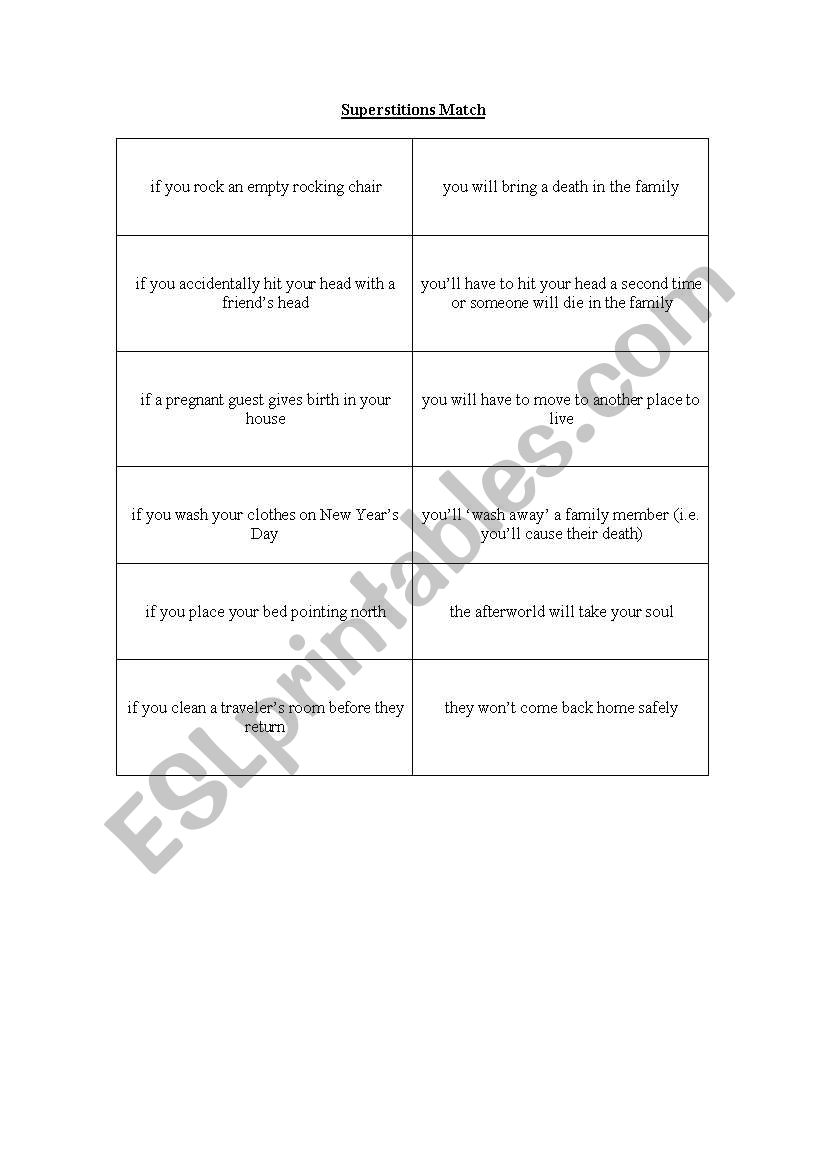 Superstitions match worksheet