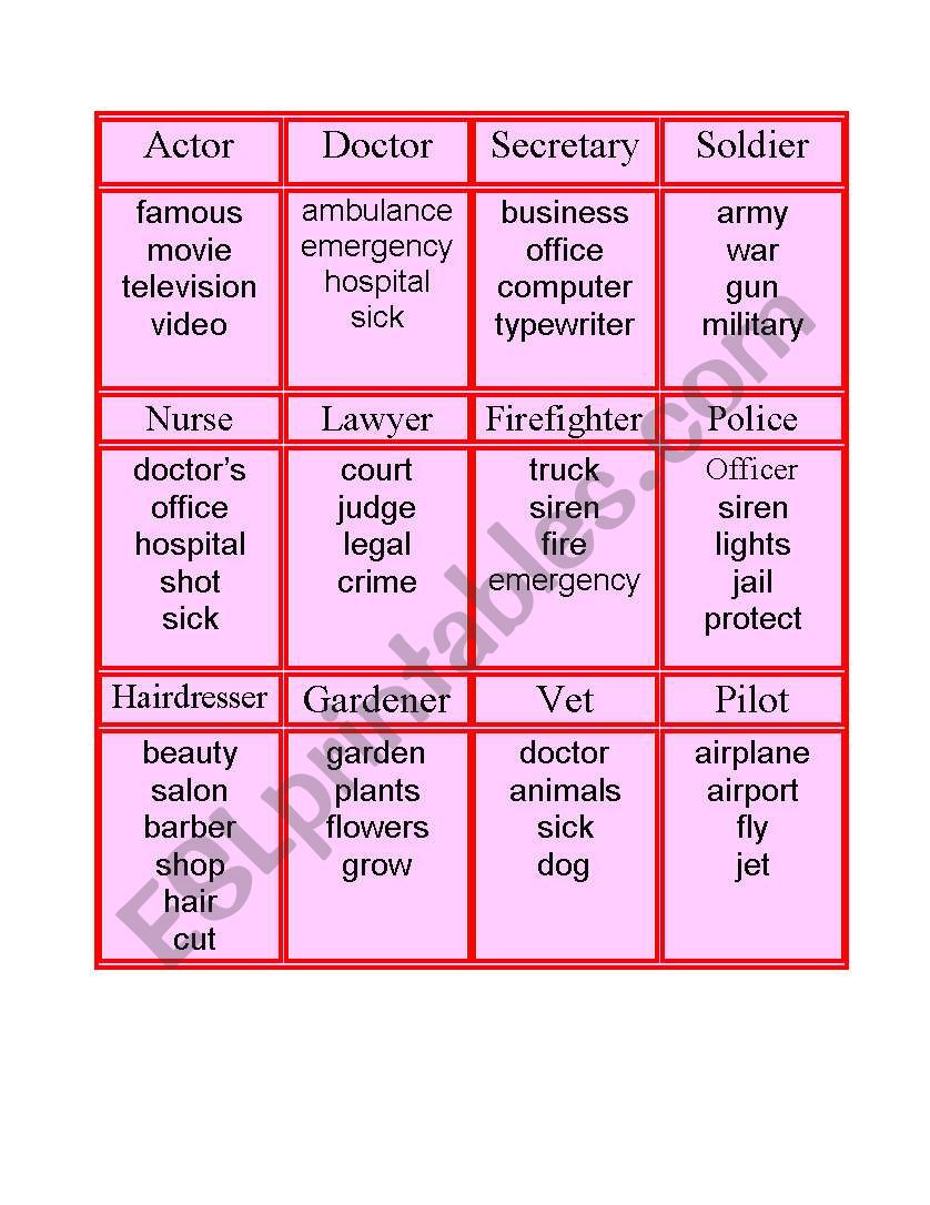 Taboo cards worksheet