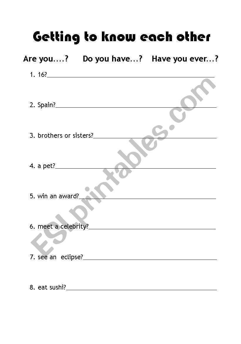 English worksheets: Getting to know each other