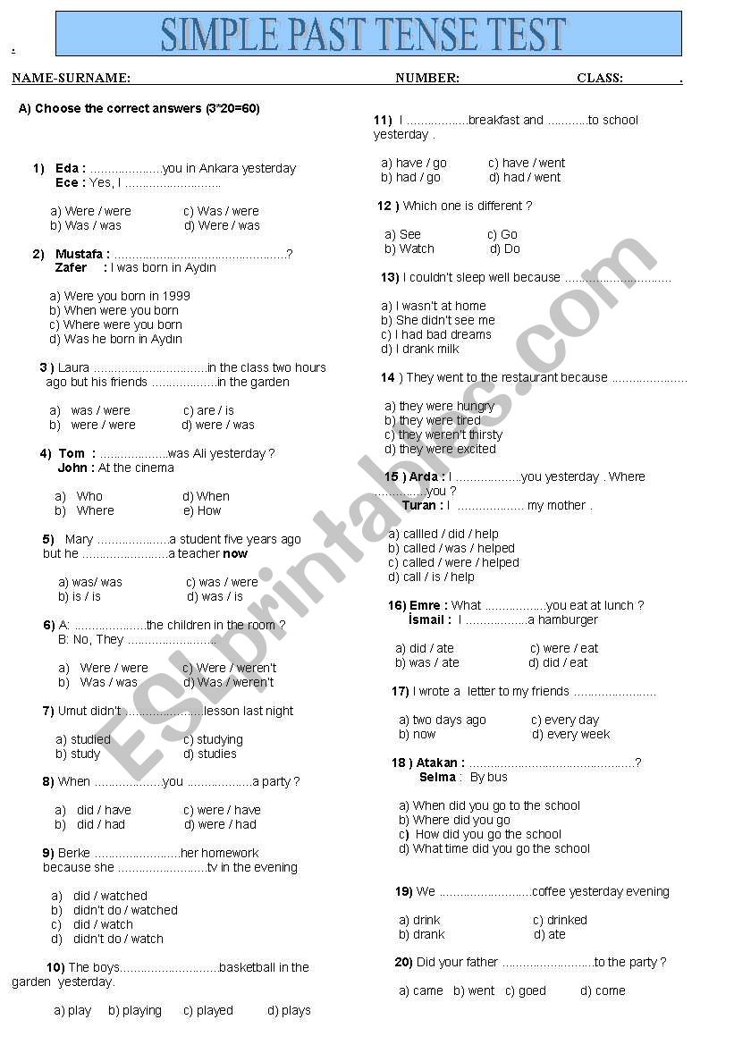 Simple Past Tense Test Esl Worksheet By Kramnik