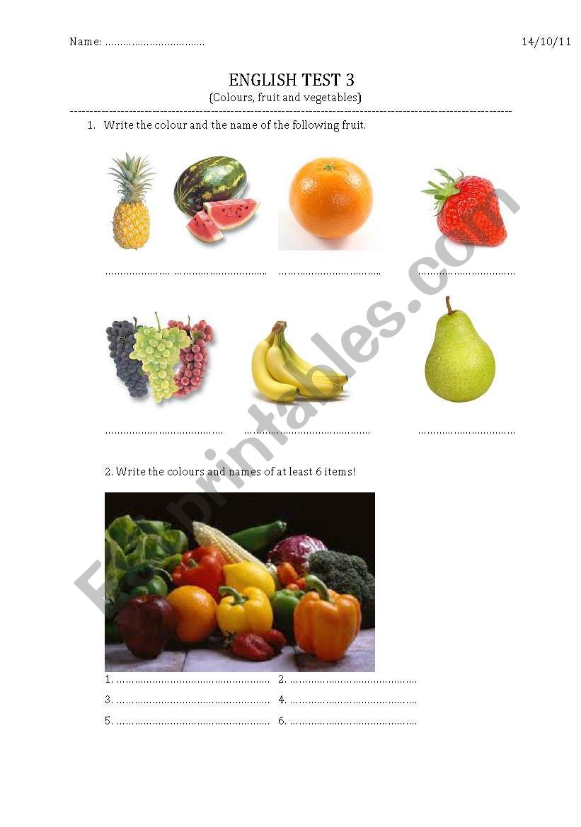 Test fruit and vegetables, colours