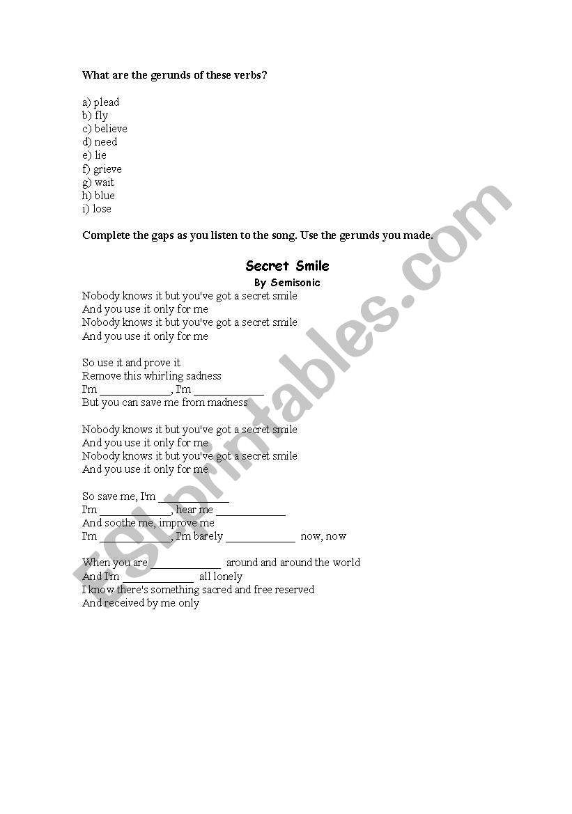 Secret Smile - by Semisonic worksheet