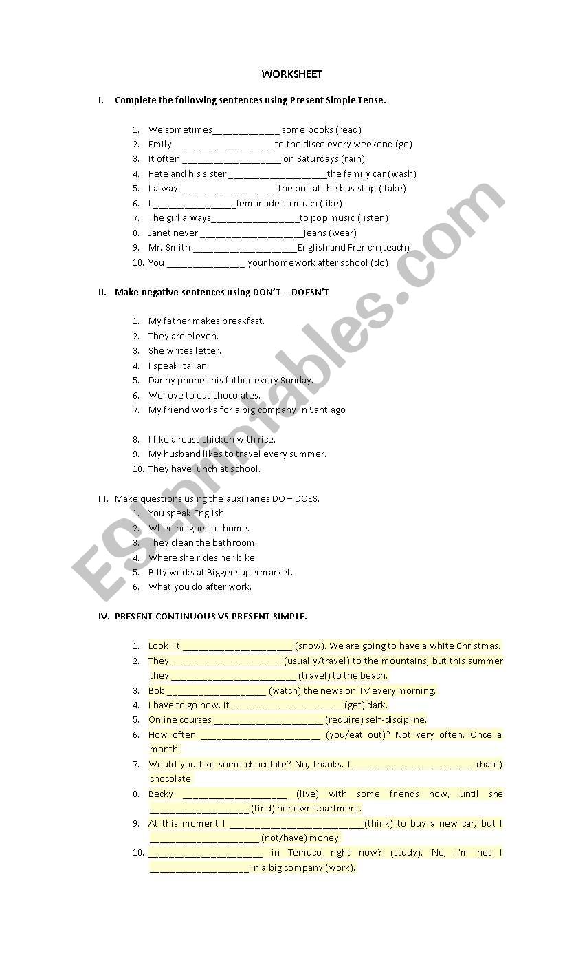 Present, Past and future worksheet