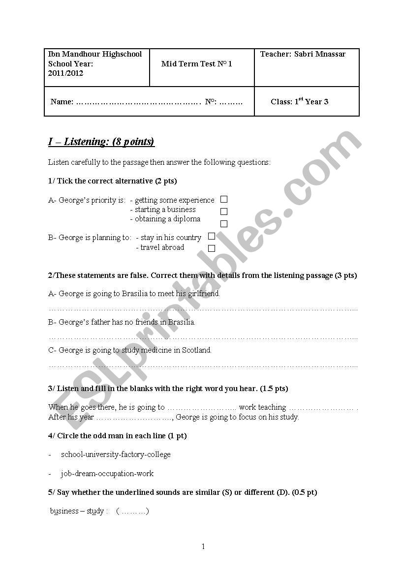 Mid Term one test for first year (with tape script)