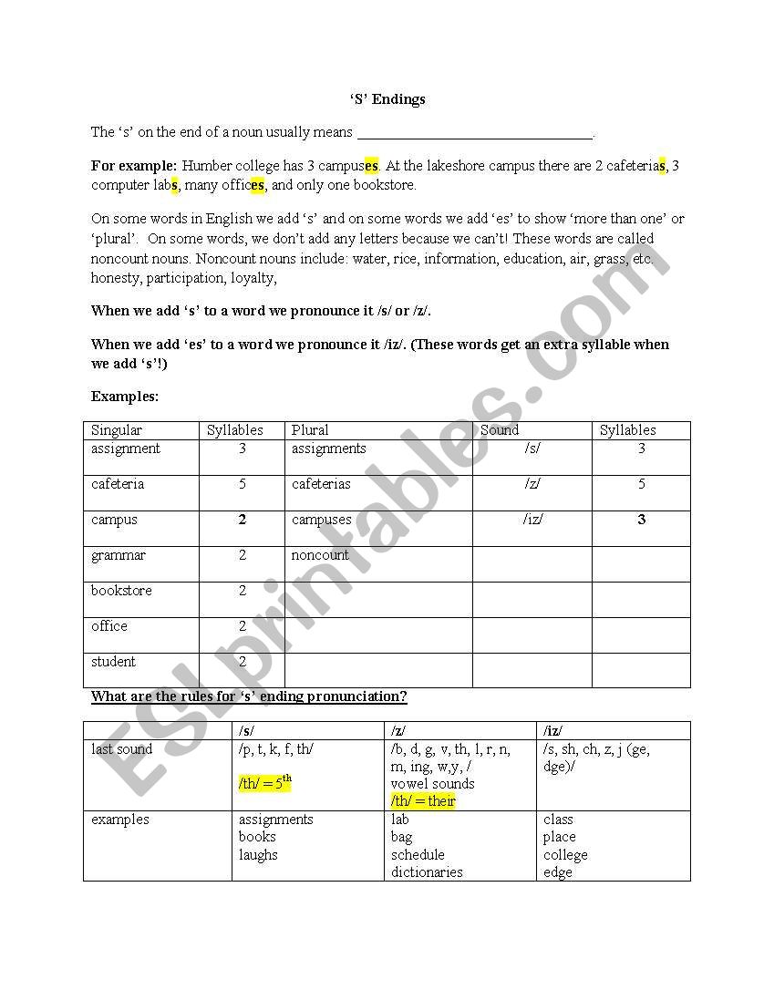 Plural s Endings worksheet