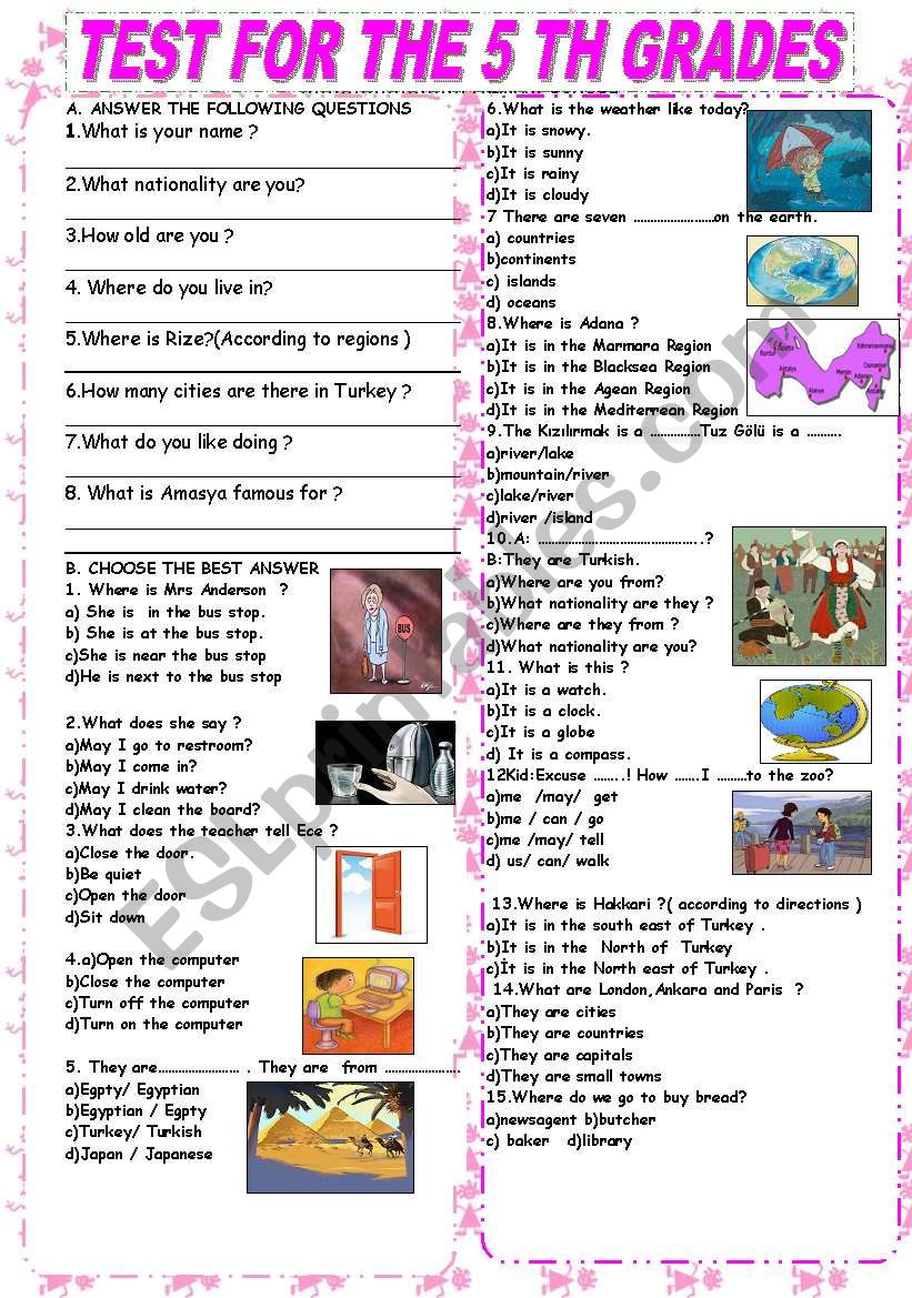 Test for the 5 grades worksheet