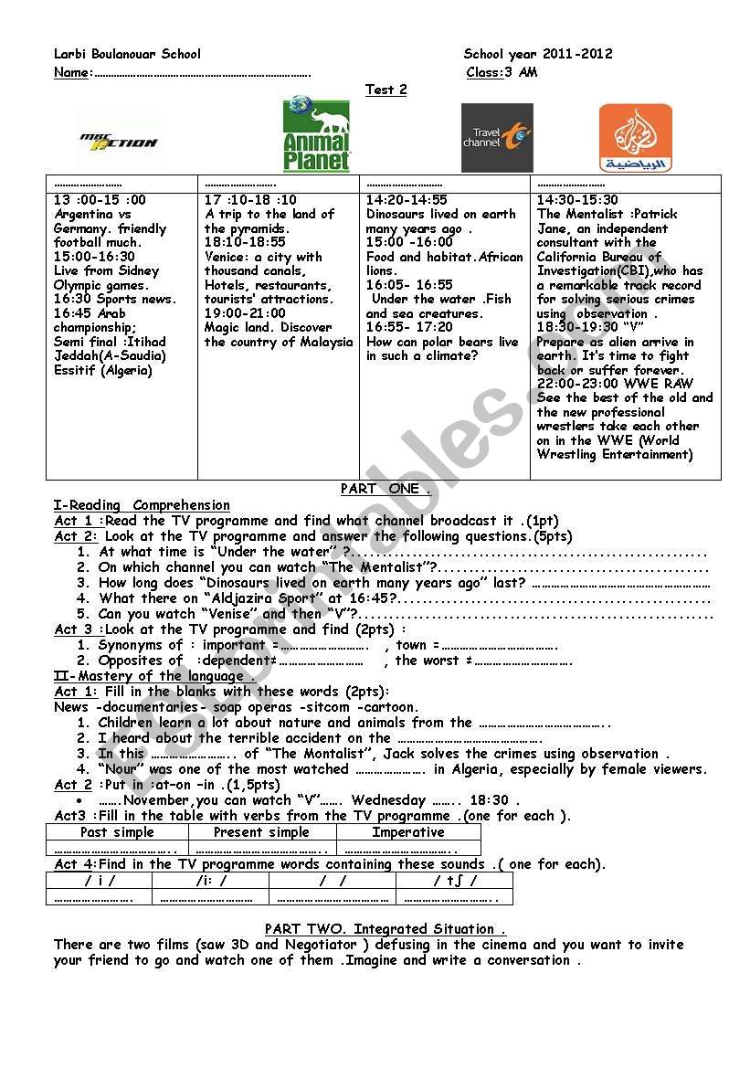 T V programme worksheet