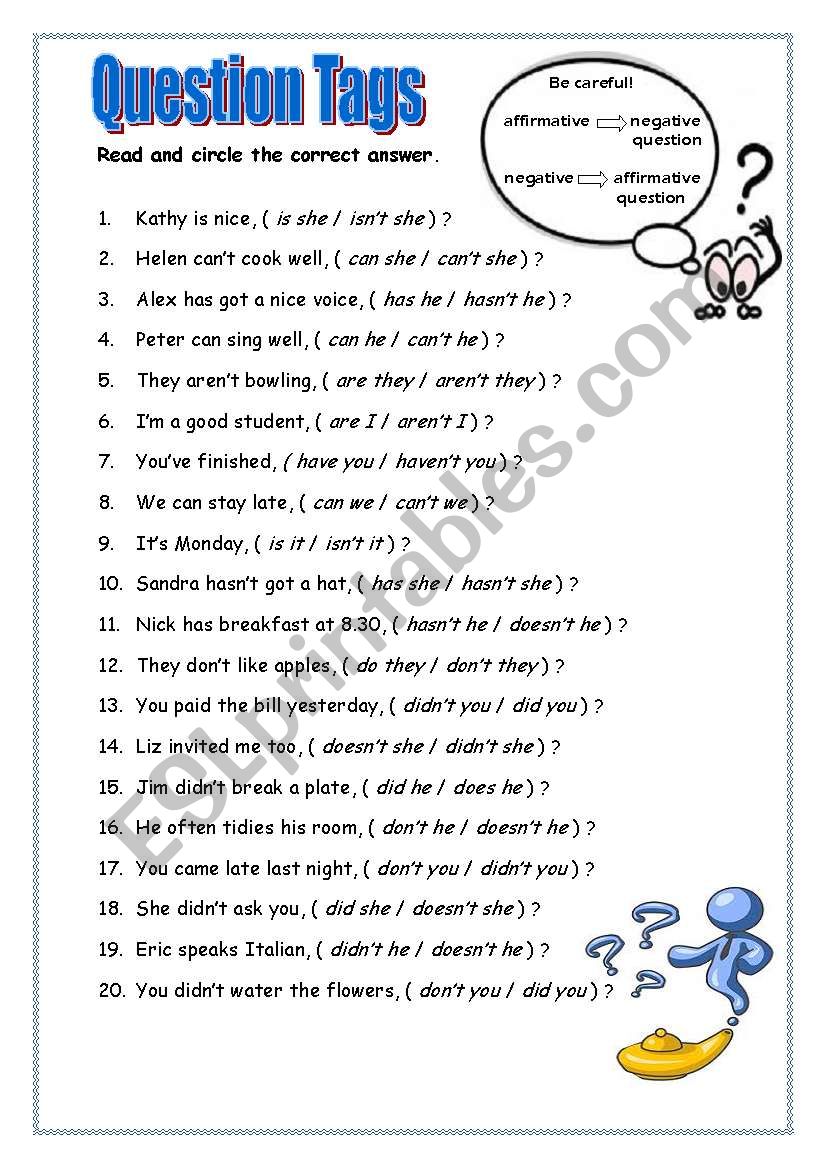 Question Tags - ESL worksheet by bhel