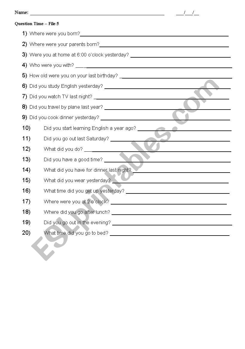 question time file 5 worksheet