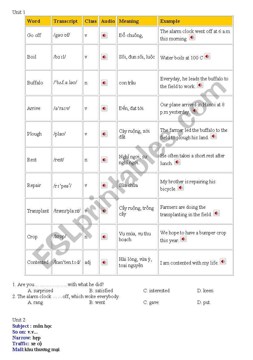 Grade 10 Unit 1 vocabulary worksheet