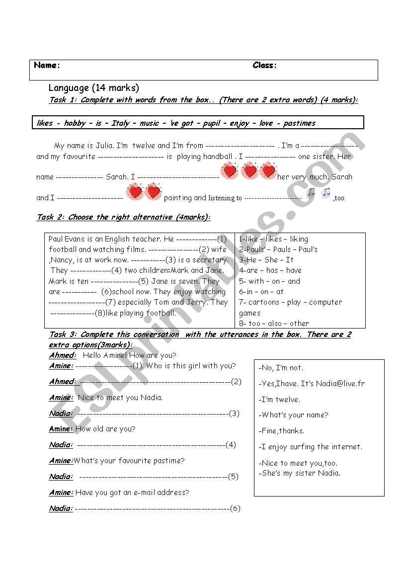 7th form mid term test 1 worksheet