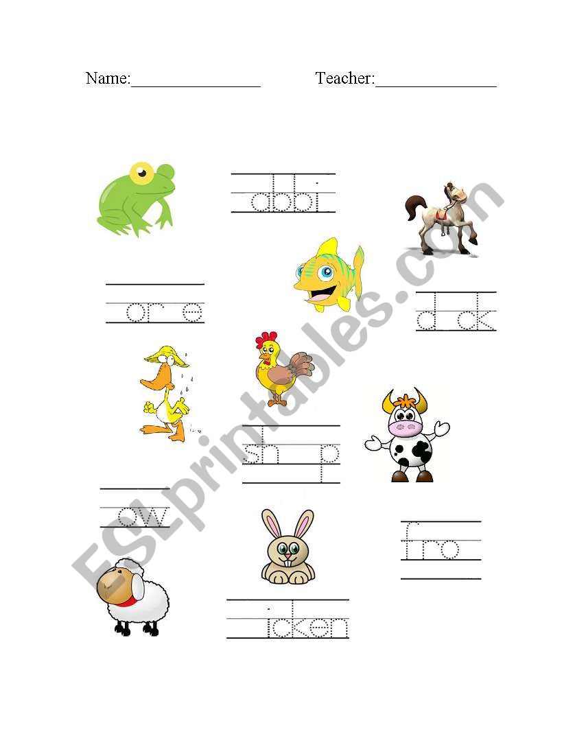 Farm Animals - Trace, Fill-in Missing Letters, and Match