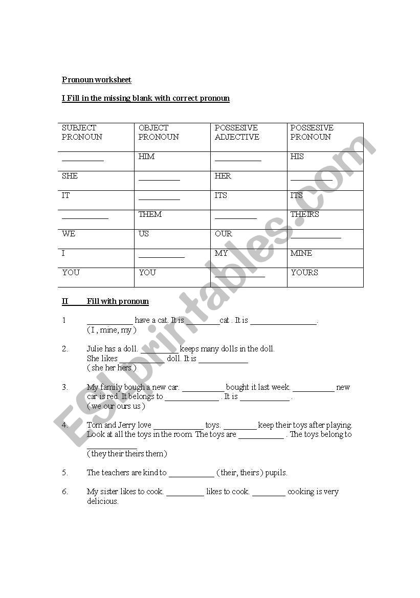 Pronoun Exercise worksheet