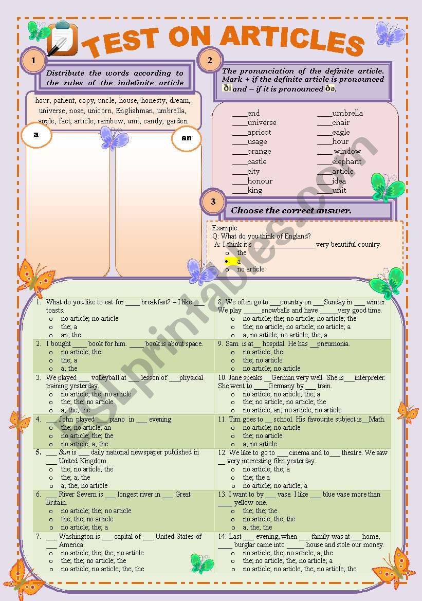 Test on articles: Definite and Indefinite (editable and with keys)