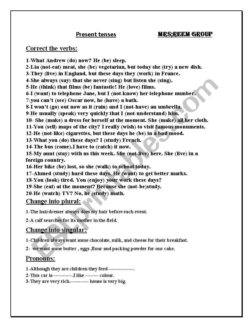 Revision on present ,singular and plural and pronouns