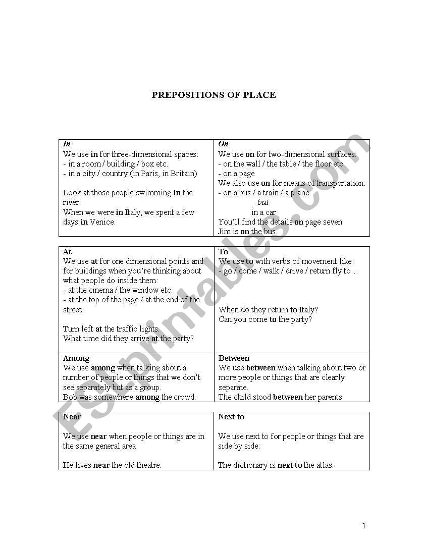 prepositions of time and place