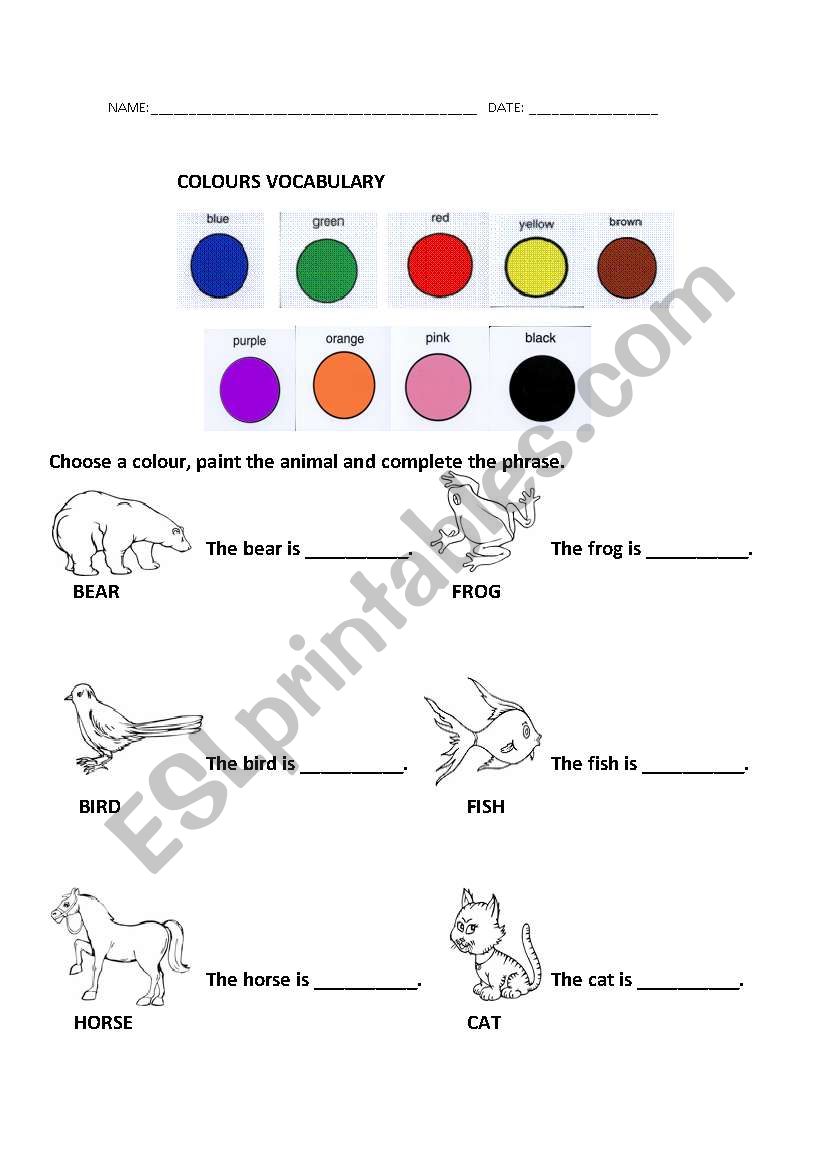 Animals and colours worksheet