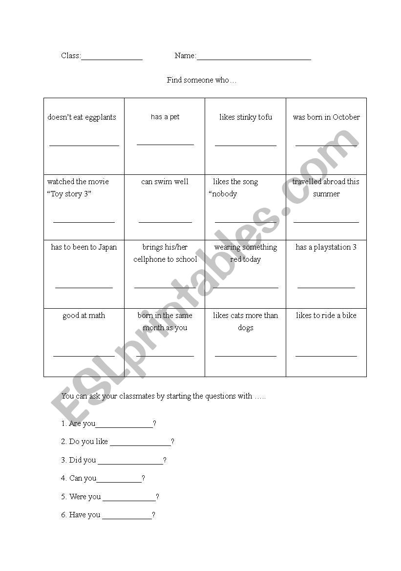 find someone who worksheet